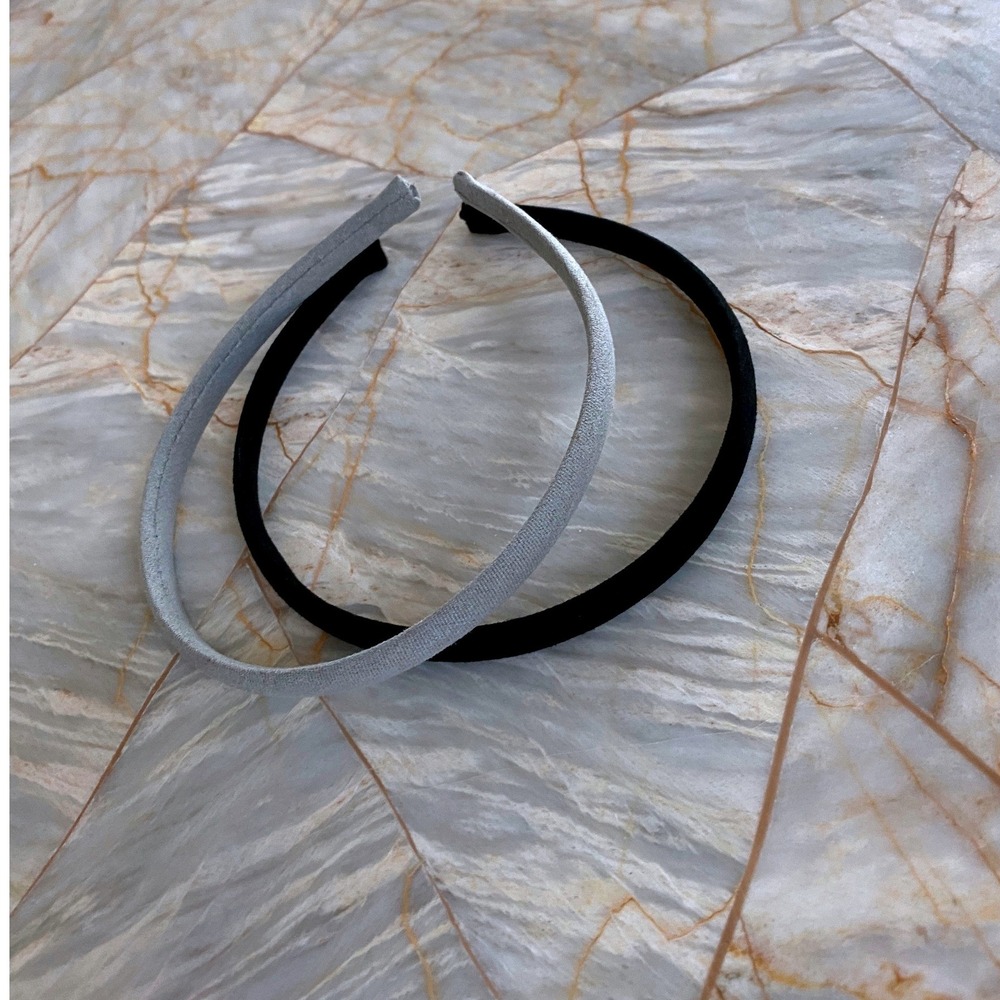 Set of 2 Slim Fabric Covered Headbands Black and Heather Grey Minimalist Hair